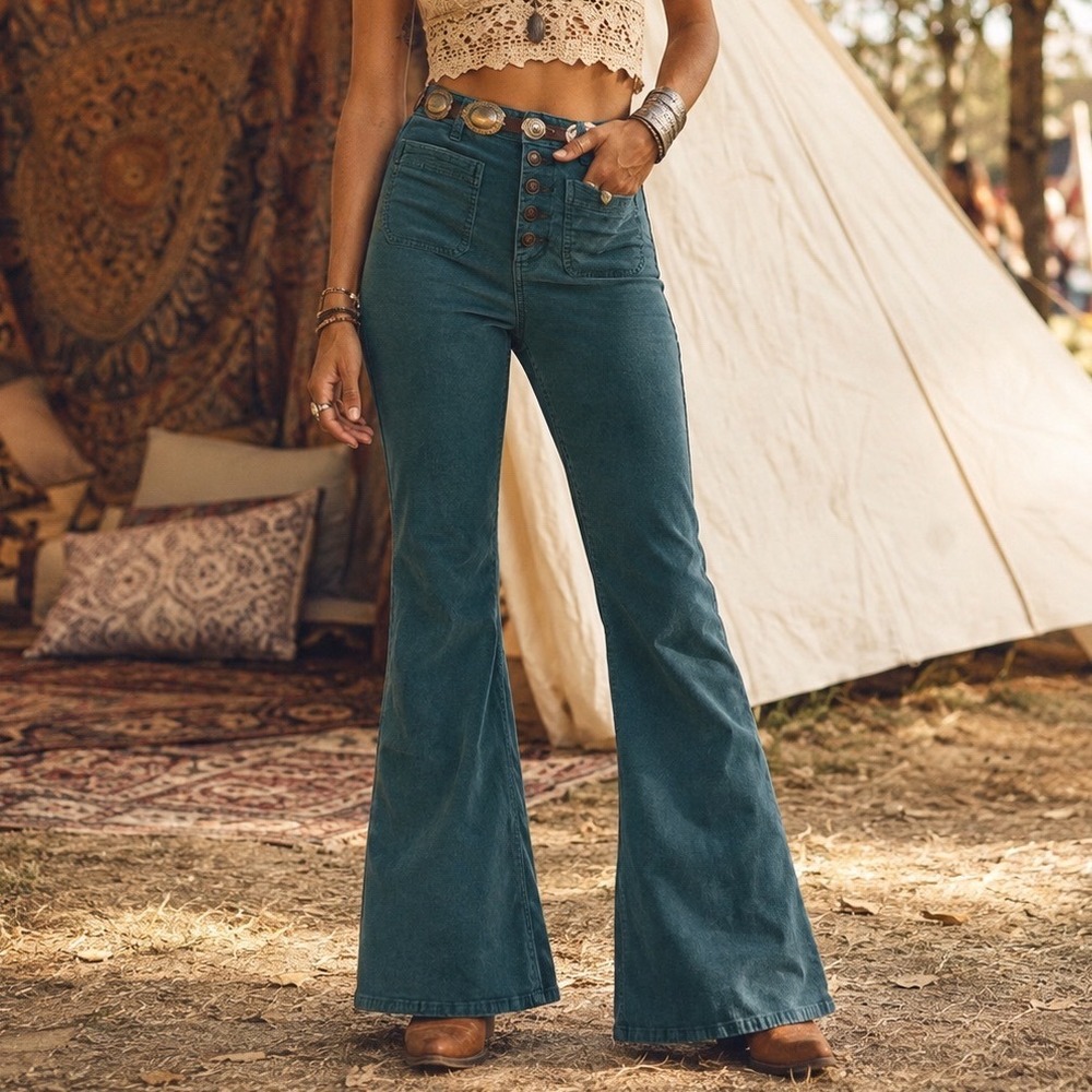 American Eagle Green 70s Inspired Corduroy Super Hi-Rise Flare Pants Women 10